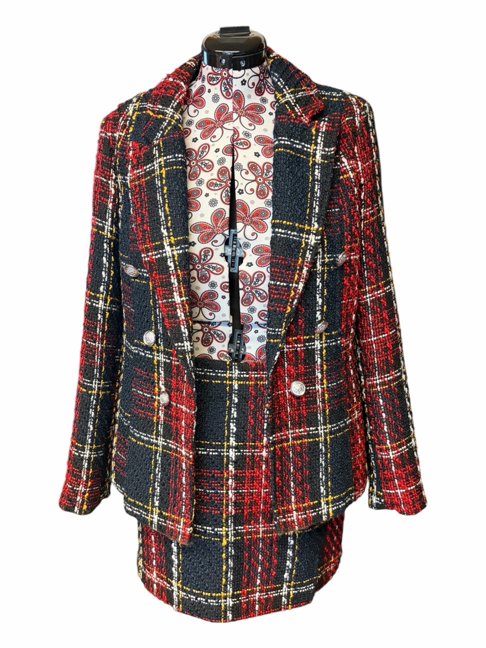 Primark Plaid Tweed Blazer & Skirt Co-Ord Set Red Black Boucle Tartan 12/10